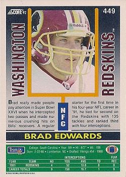 1992 Score #449 Brad Edwards Back