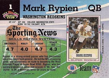1992 Stadium Club #1 Mark Rypien Back