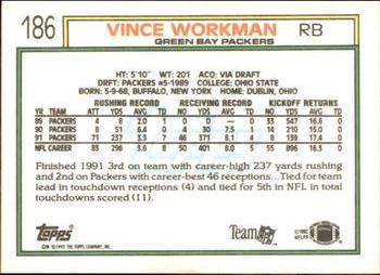1992 Topps #186 Vince Workman Back