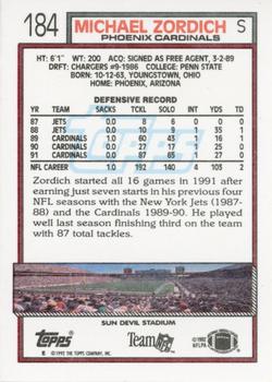 1992 Topps #184 Michael Zordich Back