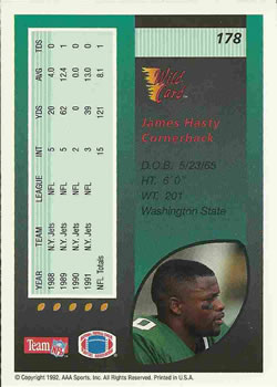 1992 Wild Card #178 James Hasty Back