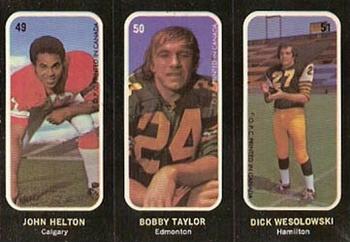 1972 O-Pee-Chee CFL - Trio Stickers #49 50 51 John Helton / Bobby Taylor / Dick Wesolowski Front