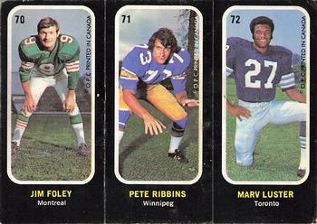 1972 O-Pee-Chee CFL - Trio Stickers #70 71 72 Jim Foley / Pete Ribbins / Marv Luster Front