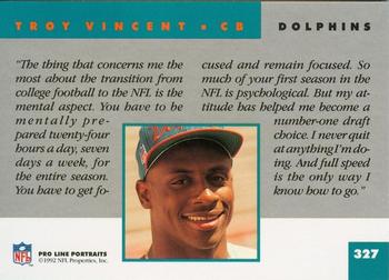 1992 Pro Line Portraits #327 Troy Vincent  Back