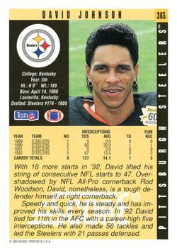1993 Score #365 David Johnson Back