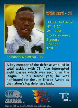 1992 Wild Card WLAF - 100 Stripe #74 Falanda Newton Back