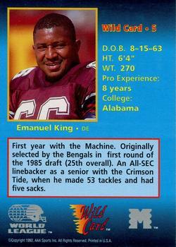 1992 Wild Card WLAF - 20 Stripe #5 Emanuel King Back