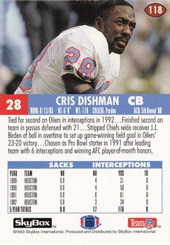 1993 SkyBox Impact #118 Cris Dishman Back