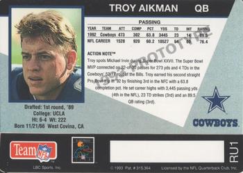 1993 Action Packed - Rookie/Update Prototypes #RU1 Troy Aikman Back