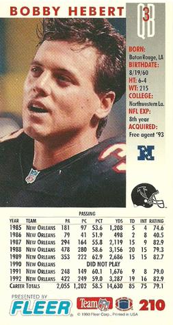 1993 GameDay #210 Bobby Hebert Back