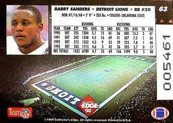 1994 Collector's Edge - Boss Squad Silver #63 Barry Sanders Back