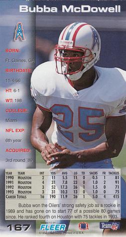1994 GameDay #167 Bubba McDowell Back