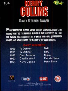 1995 Classic NFL Rookies - Silver #104 Kerry Collins Back