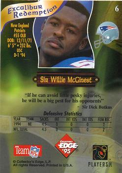 1995 Collector's Edge Excalibur - Rookie Roundtable Redemption Gold #6 Willie McGinest Back