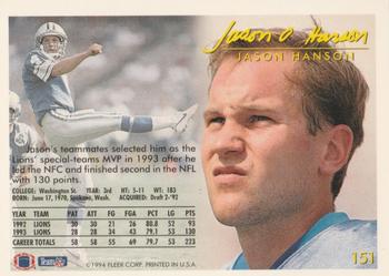 1994 Fleer #151 Jason Hanson Back