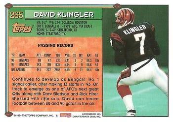 1994 Topps #265 David Klingler Back