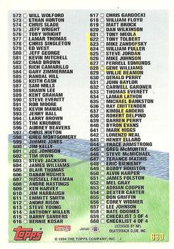 1994 Topps #660 Checklist: 496-660 Back