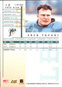 1998 Leaf Rookies & Stars - True Blue #13 Zach Thomas Back