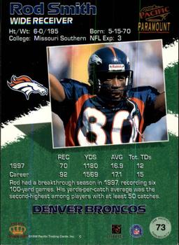 1998 Pacific Paramount - Platinum Blue #73 Rod Smith WR Back