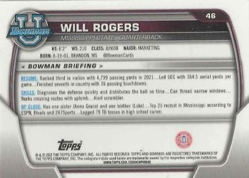 2022 Bowman University Chrome - Pink Refractor #46 Will Rogers Back