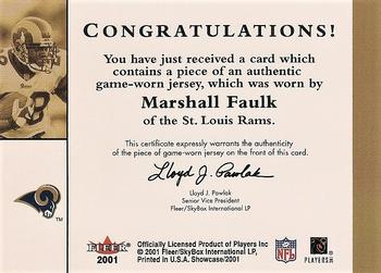 2001 Fleer Showcase - Showcase Stitches #NNO Marshall Faulk Back