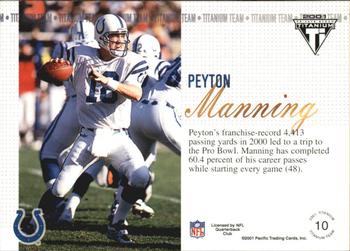 2001 Pacific Private Stock Titanium - Team #10 Peyton Manning Back