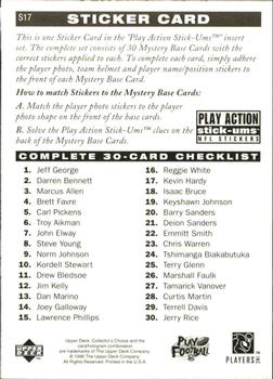 1996 Collector's Choice Update - Play Action Stick-Ums #S17 Kevin Hardy Back