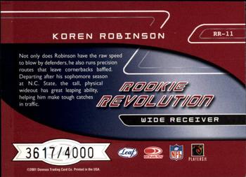 2001 Quantum Leaf - Rookie Revolution #RR-11 Koren Robinson Back