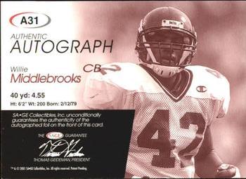 2001 SAGE - Autographs Bronze #A31 Willie Middlebrooks Back