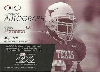 2001 SAGE - Autographs Silver #A19 Casey Hampton Back