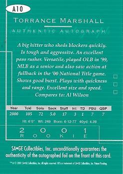 2001 SAGE HIT - Autographs Foilboard #A10 Torrance Marshall Back