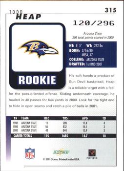 2001 Score - Scorecard #315 Todd Heap Back