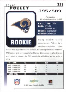 2001 Score - Scorecard #323 Tommy Polley Back
