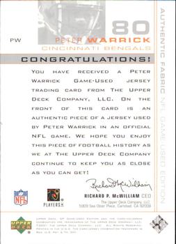 2001 SP Game Used Edition - Authentic Fabric #PW Peter Warrick Back