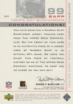 2001 SP Game Used Edition - Authentic Fabric #WS Warren Sapp Back