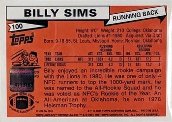 2001 Topps Archives - Rookie Reprint Autographs #AA-BSI Billy Sims Back