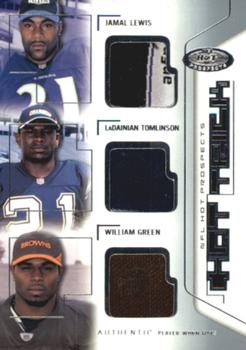 2002 Fleer Hot Prospects - Hat Trick Memorabilia #HT-LTG Jamal Lewis / LaDainian Tomlinson / William Green Front