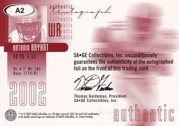 2002 SAGE - Autographs Red #A2 Antonio Bryant Back