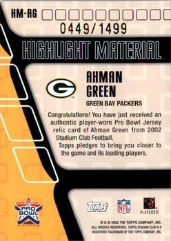 2002 Stadium Club - Highlight Material #HM-AG Ahman Green Back