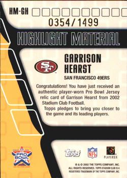 2002 Stadium Club - Highlight Material #HM-GH Garrison Hearst Back