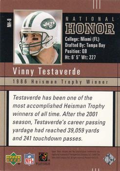 2002 UD Piece of History - National Honor #NH-8 Vinny Testaverde Back