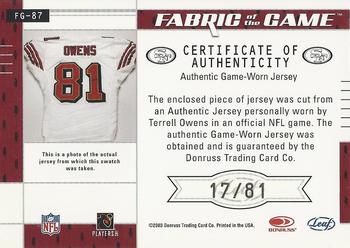 2003 Leaf Certified Materials - Fabric of the Game #FG-87 Terrell Owens Back