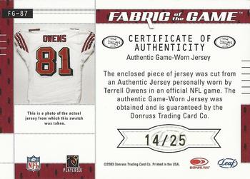 2003 Leaf Certified Materials - Fabric of the Game #FG-87 Terrell Owens Back