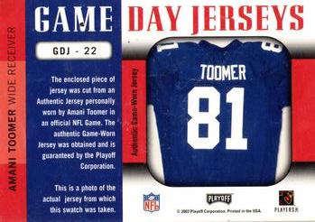 2003 Playoff Prestige - Game Day Jerseys #GDJ-22 Amani Toomer Back