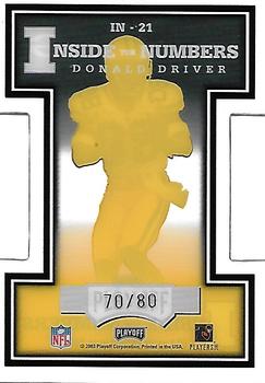 2003 Playoff Prestige - Inside the Numbers Die Cuts #IN-21 Donald Driver Back