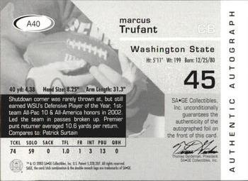 2003 SAGE - Autographs Bronze #A40 Marcus Trufant Back