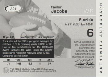 2003 SAGE - Autographs Red #A21 Taylor Jacobs Back