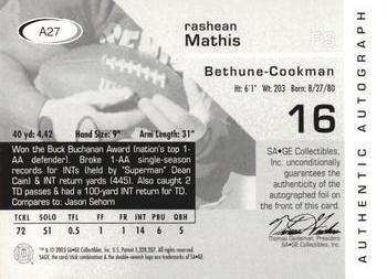 2003 SAGE - Autographs Red #A27 Rashean Mathis Back