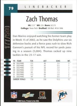 2003 Score - Scorecard #79 Zach Thomas Back