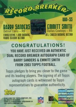 2003 Topps - Record Breakers Autographs Duals #RBD-SS Barry Sanders / Emmitt Smith Back